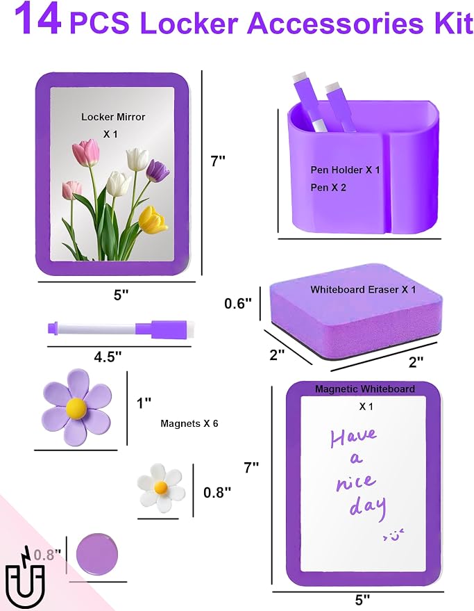 Locker Accessories Kit for Girls, 14PCS Back to School Supplies Includes Magnetic Whiteboard, Mirror, Pen Holder, Markers, Magnets, Locker Organizer & Decorations for School Locker Home Office-Purple