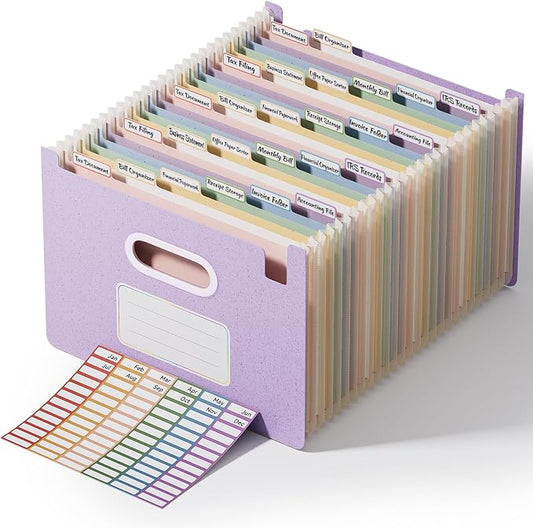 ThinkTex 26-Pocket Accordion File Organizer, Upright Open Top, Monthly Tabs, High Capacity Wheat Straw Expanding File Folder, Fits Letter A4 & Manila Folders for School Home Office -Lavender Purple
