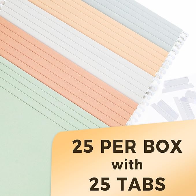 SUNEE Hanging File Folders Letter Size, Pastel Colors, 25 Count Letter Size File Folders with 1/5-cut Tabs, Heavy Duty 2 Inch Expansion, Stay Organized for Your Home and Office Bulk File