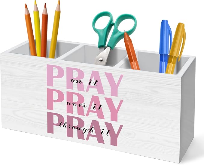 Pray on It Pray over It Bible Verse Pen Holder for Desk Decoration, Pink Inspirational Christian Wooden Box Sign Pencil Holder Organizer for Home Office Desk Accessories, Christian Gifts