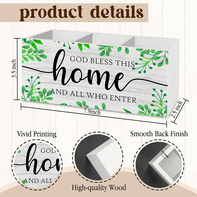 Christian Pen Pencil Holder Organizer for Desk Accessories, Bless This Home Bible Verse Wooden Box Sign Desk Decor for Home Office Decoration, Christian Gifts for Women Men, Housewarming Gifts