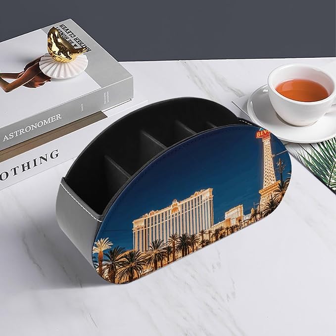 Las Vegas Night Remote Control Holder TV Remote Caddy with 5 Compartments PU Leather Storage Box Stylish Desk Organizer for TV/DVD/Accessories Desk Office Supplies Home