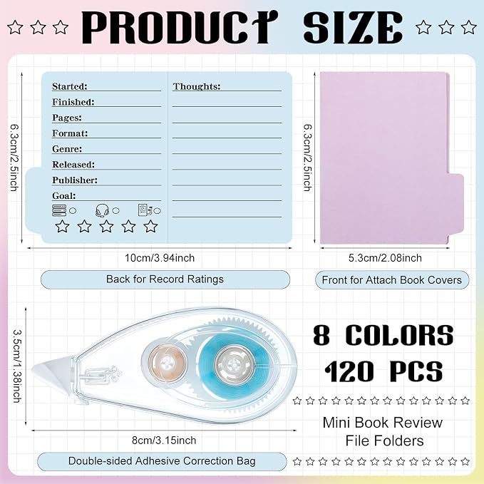 Glenmal 120 Pcs Mini Book Review Bookmarks Reading Journal File Log Page with 2 Pcs Double Sided Correction Tape Reading List Bookmark for Book Lovers Bookish Bookworms Student Gift(Multicolor)