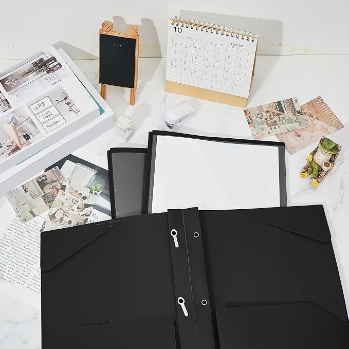 Henoyso 36 Pcs Plastic Folder with Clear Front Pocket and 3 Prong Plastic Folders with Card Slot Pocket Folders with Prongs for School Office (Black)