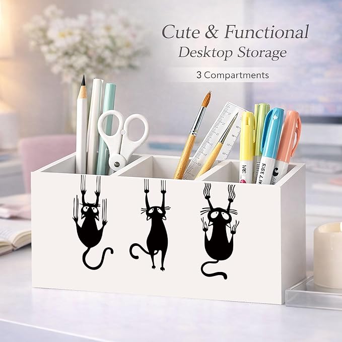 Funny Cat Pencil Holder, Wooden Desk Organizer with Cartoon Cats Climbing, Pen and Pencil Storage, Office and Study Desk Accessories