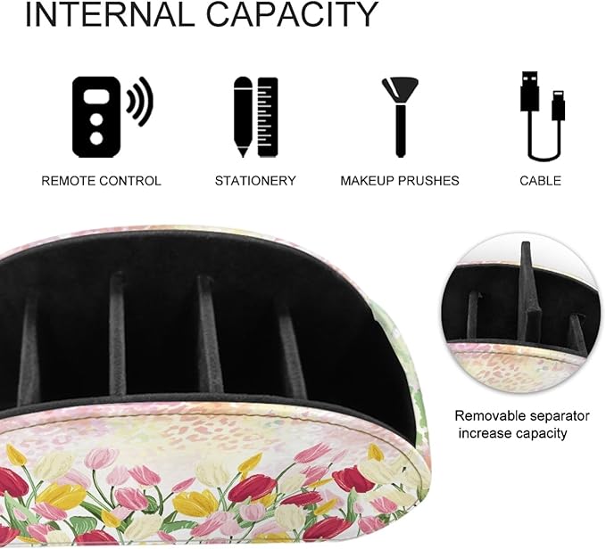 FUSURIRE Storage Box for Remote Controls, Easter Flower Leopard Print 5 Compartments PU Leather Remote Controllers Holder, Easter Theme Cosmetic Box Pen Pencil Organizer for Study Living Room