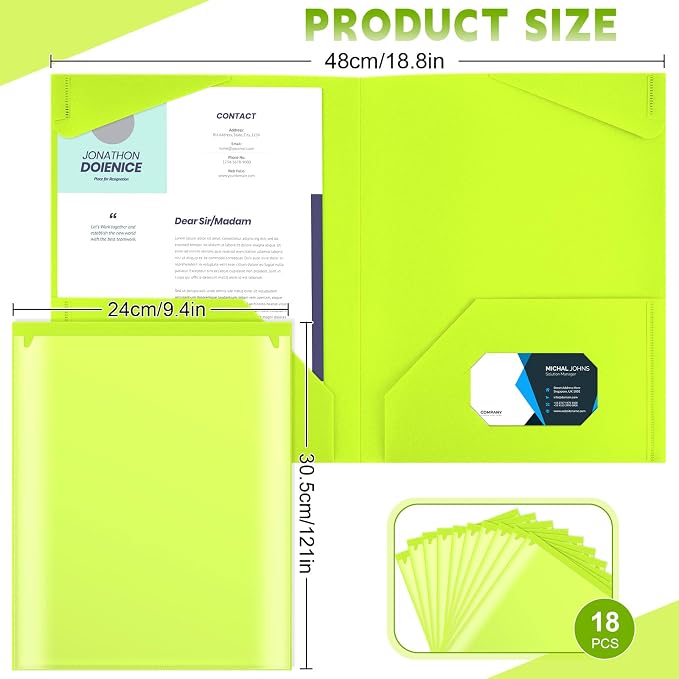 Henoyso 18 Pack Fluorescent Green Plastic Folders with Clear Front Pockets Heavy Duty File Folders with 2 Pockets and Card Slot for Student Communication School Office Presentation Report