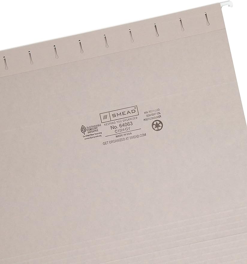 Smead Colored Hanging File Folder with Tab, 1/5-Cut Adjustable Tab, Letter Size, Gray (64063), (Pack of 10, 250 Count Total)