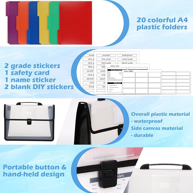 School Years Organizer Kit Clear Plastic Storage Tote with 20 Letter Size Colored Manila Folders 60 Reusable Sticker Labels School Memory Keepsake Box for Pre K to 12th Grade DIY Organization (Black)