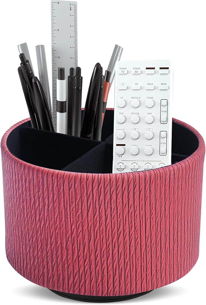 Round Leather Art Supply Organizer,Remote Control Holder,360 Degree Spinning,Multi-Functional Pencil Holder,4 Compartments Desktop Stationary Organizer(1-Wood Red)