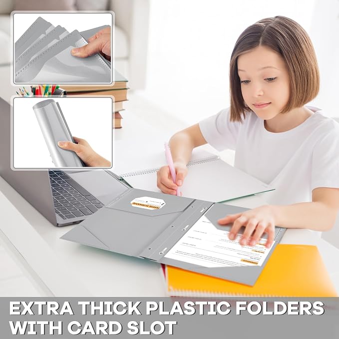Henoyso 18 Pcs Plastic Folder with Clear Front Pocket and 3 Prong Plastic Folders with Card Slot Pocket Folders with Prongs for School Office (Gray)