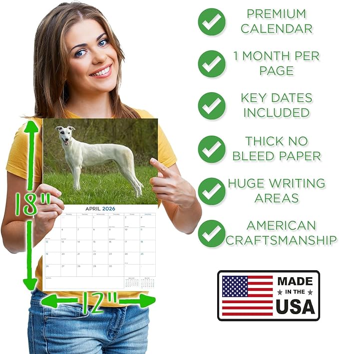 2025 2026 Greyhound Calendar - Dog Breed Monthly Wall Calendar - 12" x 18" Open - Thick No-Bleed Paper - Giftable - Academic Teacher's Planner Calendar Organizing & Planning - Made in USA