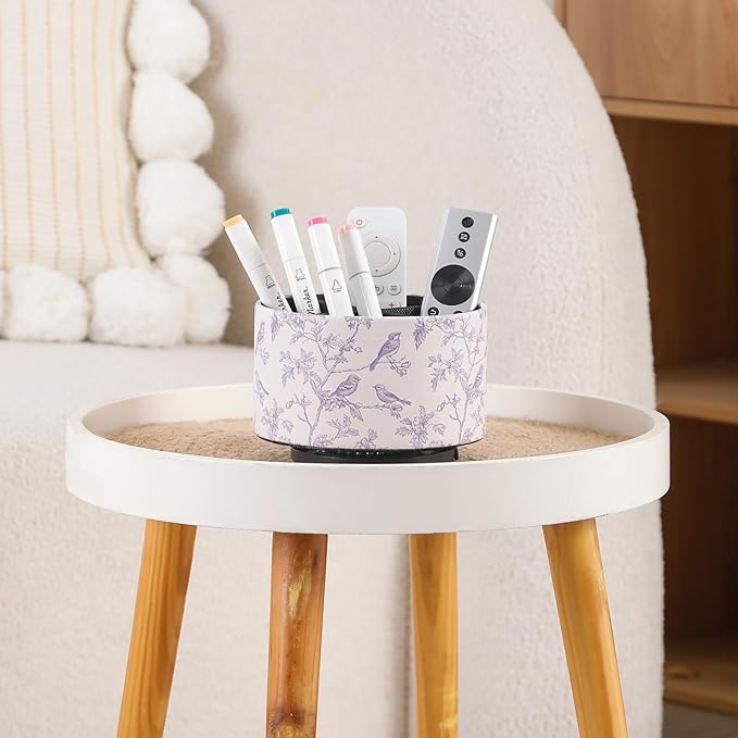 Rotating Remote Control Holder, 360 Spinning Desk Organizer Caddy for Coffee Table, Living Room & Nightstand, PU Leather TV Remote Caddy, Pen Pencil Holder for Desk, Blue Bird PH127