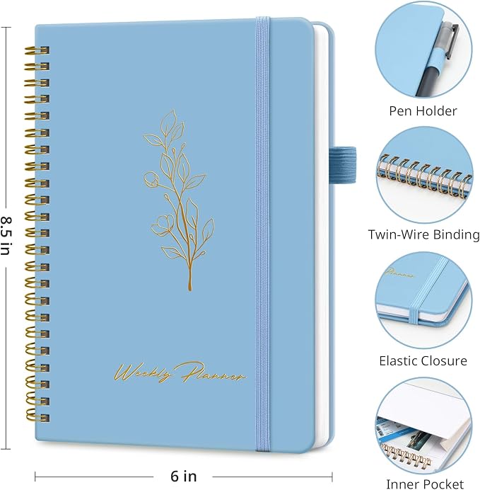 Taja Undated Weekly Planner, Weekly To Do List Notebook with Goal & Habit Tracker Organizer, A5 Weekly Planner Notebook with Spiral Binding, 6.1" x 8.2" - Blue