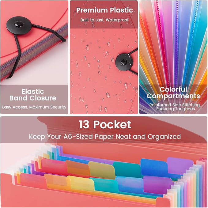 13 Pocket A6 Receipt Organizer, 2 Pack Small Accordion File Organizer, Coupon Organizer with Labels - Pink