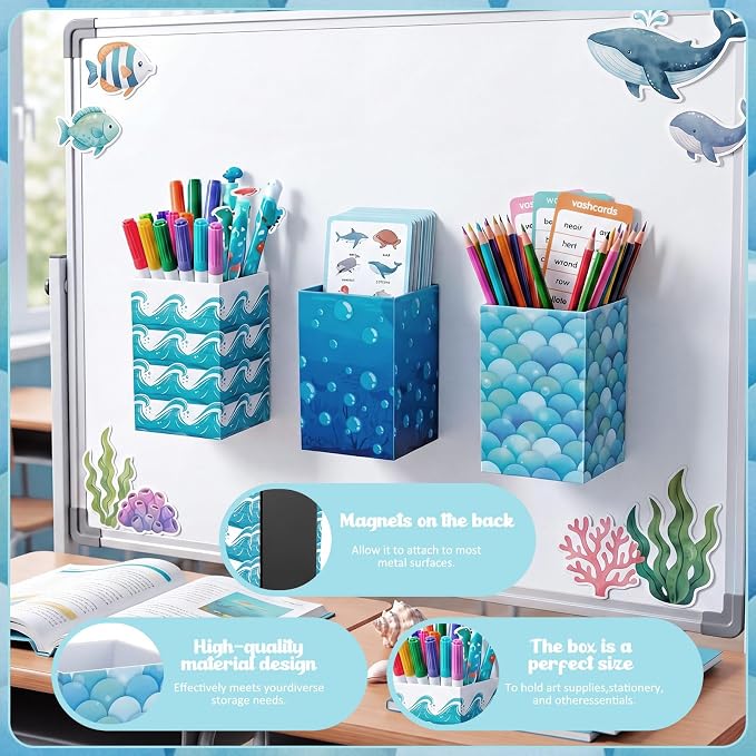 6 Pcs Ocean Classroom Decor Classroom Magnetic Storage Boxes Magnetic Storage Containers Plastics Pen Holder for Refrigerator Whiteboard Home Office School Organizer Supply