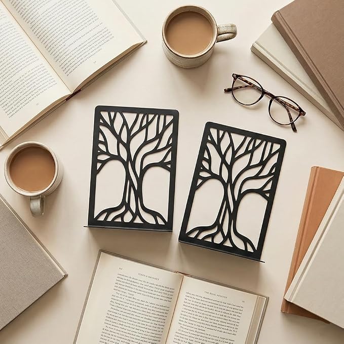 2 Pcs Black Bookends, Sturdy Metal Bookends for Shelves Decorative Book Organizer with Unique Tree Design for Home Library Office Desk