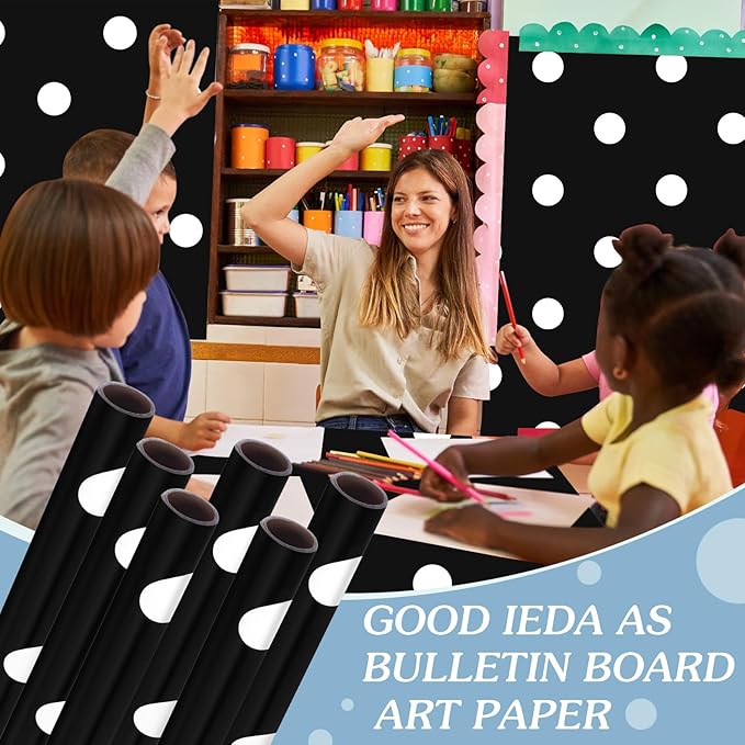 Skyygemm 6 Rolls Classroom Bulletin Board Paper Roll Polka Dot 4 x 12 ft Fade Resistant Colored Background Paper Bulk for Art Decor Drawing Craft(Cute Black)