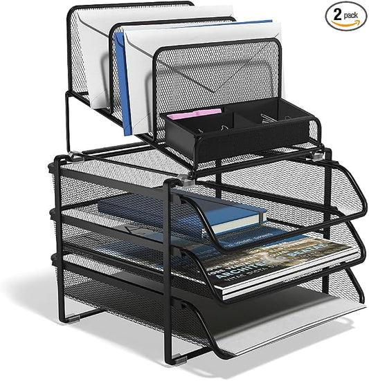 TRU RED All‑In‑One Wire Mesh Desk Organizer, 10‑Compartment, Black, 2‑Pack – Desktop Storage for Office & Home Use