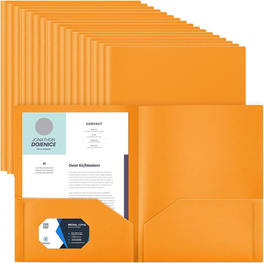 Gueevin 72 Pack Plastic Folder with Pockets, 2 Pocket Folders, Plastic Glossy Folders Fit Letter Size Paper, Heavy Duty Durable File Folder with Business Card for Home Office School (Orange)