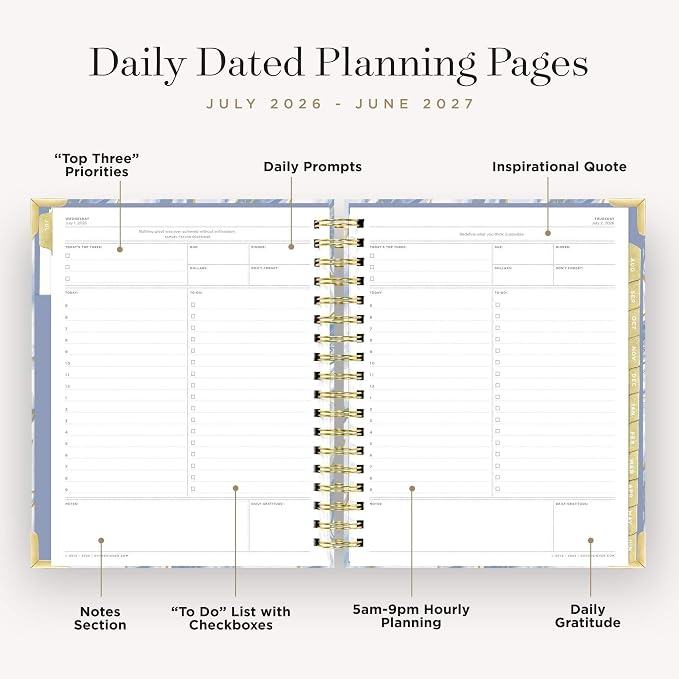 Day Designer 2026-2027 Daily Academic Year Planner Calendar, July 2026 - June 2027, 7.4" x 9.5", Glossy Laminated Cover, Wirebound, Laminated Tabs, Storage Pocket, Includes Stickers & Snap-In Ruler, Azure