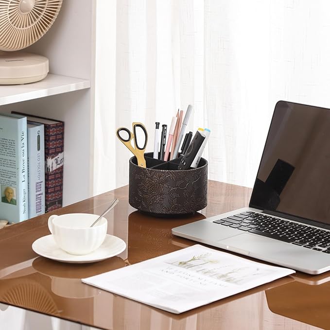 Coffee Table Remote Holder,PU Leather 360 Degree Rotating TV Remote Holder For Table with 4 Compartments, Office Desk Organizer for Pen, Pencil, Stationary, Brown PH97