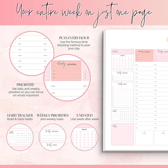 Weekly Hourly Planner Notepad, Daily Planner Desk Pad, Weekly Schedule, To Do List Note Pad, ADHD Planner | 50 Undated Tear Away Sheets | A4 (Pink)