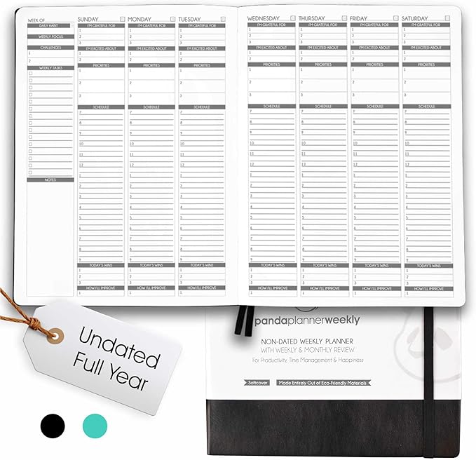 Panda Planner Weekly 2026, Undated Weekly Planner for Office, School & Home – 8"x11" Soft Vegan Leather Organizer Notebook with To-Do Lists, Habit Tracker, Notes & Agenda – Black