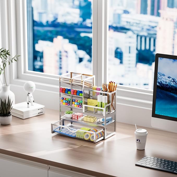 Marbrasse Mesh Pen Holder for Desk, Pen Organizer with Drawer, Multi-Functional Pencil Organizer, Desk Organizers and Accessories for Office Art Supplies (Silver)