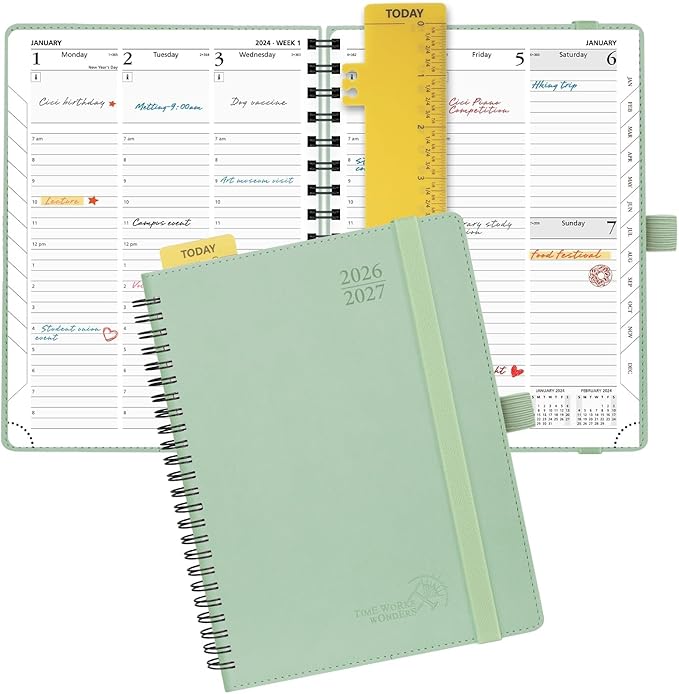 POPRUN Planner 2026-2027 (Medium - 6.5'' x 8.5'') Academic Weekly Calendar (July 2026 - June 2027) with Hourly Time Slots, Monthly Tabs, 100GSM Thick Papers, Spiral Leather Cover - Grey - Celadon