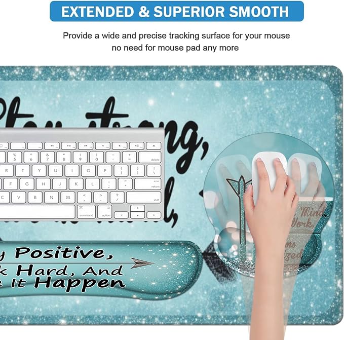 AQQA Desk Mat Desk Pad,5in1 XXL Mousepad + Keyboard Wrist Rest+Mouse Wrist Rest+Coaster Set with Ergonomic Desk Pad for Home Office Desk Accessories Decor Supplies,Stay Positive