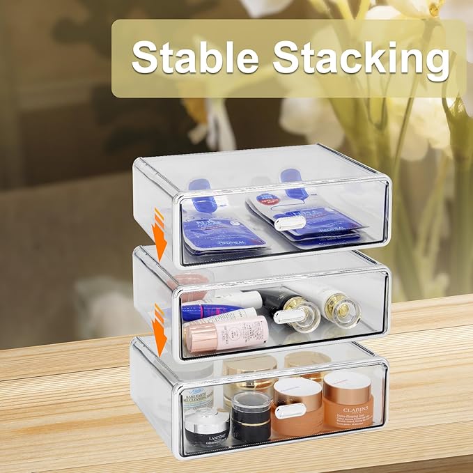 Clear Drawer Organizer - Stackable Drawer Storage Makeup Organizer for Store Cosmetics and Skincares, Suitable for Vanity, Bathroom and Bedroom Locker Organiser-Drawer