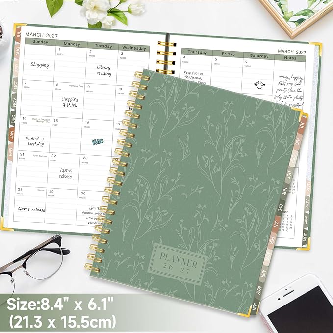 GuassLee 2026-2027 Academic Planner, Weekly and Monthly Planner from July 2026-June 2027, 8.4"x 6.1" Aesthetic Greenery Agenda Book with Back Pocket, Stickers, Coated Tabs, A5 Size