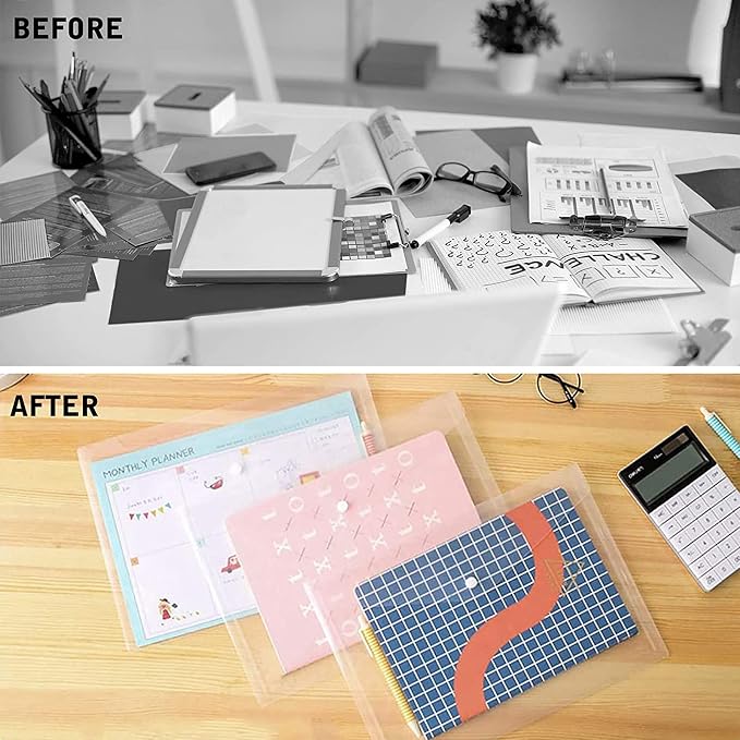Toplive File Folders,12 Packs Plastic Envelopes Clear A4 Letter Size Waterproof Poly Envelopes Folders with Snap Closure for Office School Supplie