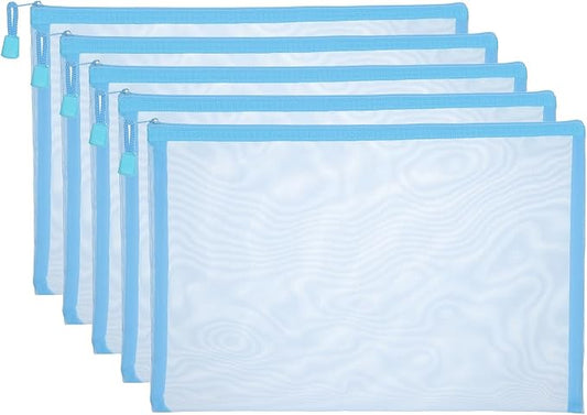 PATIKIL A4 Mesh Zipper Pouch Bags, 5 PCS Mesh Bags with Zipper Plastic Storage Pocket for Organizing File Beads Office Home Supplies, 34x24cm, Blue