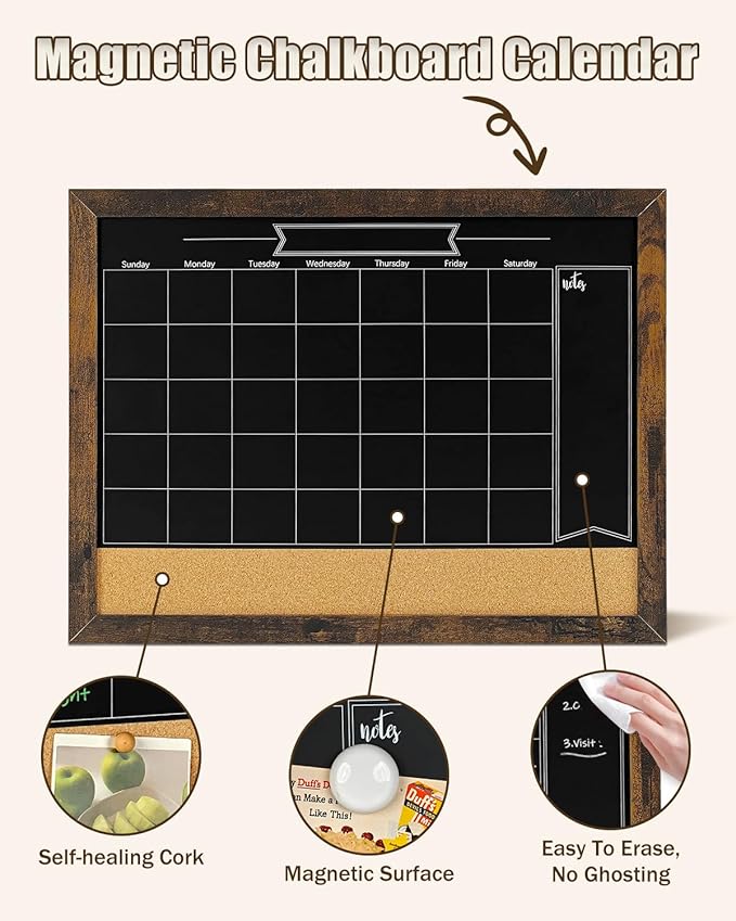 TORASO Magnetic Chalkboard Calendar Corkboard, Small Combination Chalk Board Bulletin Board, 13" x 17",Walnut Brown Framed Blackboard Calendar Cork Combo Board(ZHHB-BN-3343)