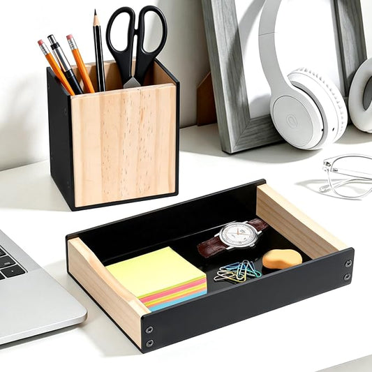 Desk Tray with Pen Holder Set, Acrylic & Wooden Desktop Organizer Multifunctional Home Office Workspace Accessories for Watch, Pens, Keys (Black)