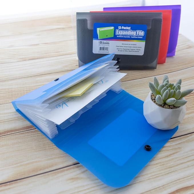 BAZIC Products 13-Pocket Expanding File, Coupon/Check Size, Accordion Poly Body, for School Office Documents, Box of 24