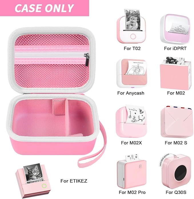 Sticker Printer Case for Anycash/for ETIKEZ PM290C/ for Nelko PM230/ for Memoking T02/ for Phomemo M02/ T02/ Q30S Mini Photo Printer. Holder for Label Maker, Thermal Paper, USB Cable (Box Only)-Pink