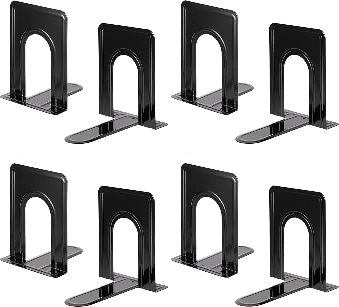 Heavy Duty Bookends for Shelves, Anti-Slip Base, Black, Great for Library, Office, Home, School, 4 Pairs