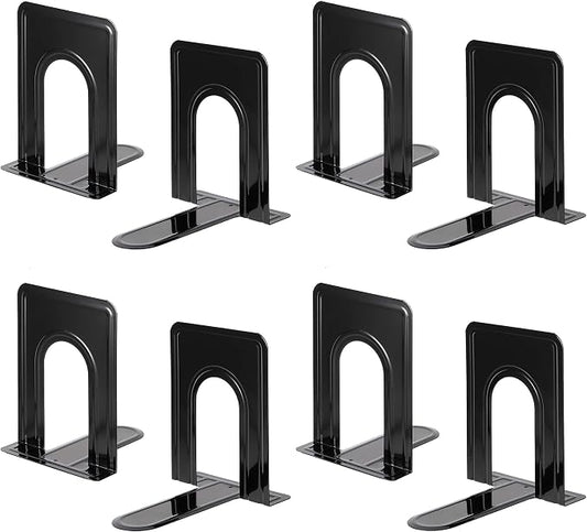 Heavy Duty Bookends for Shelves, Anti-Slip Base, Black, Great for Library, Office, Home, School, 4 Pairs