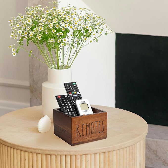 LBEMEY Acacia Wood Remote Holder, Control Organizer for TV - Home, Living Room, Bedroom - Wooden Remote Box (Brown, M, 3+ Remotes)