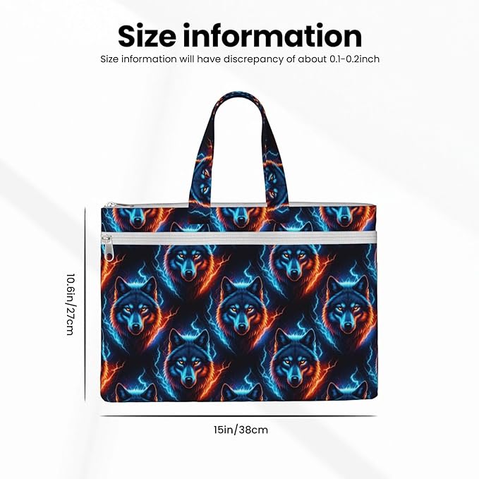 Portable Canvas Document Briefcase, Zippered File Bag with Handle for Office Meeting Travel, Fire Flame Wolf