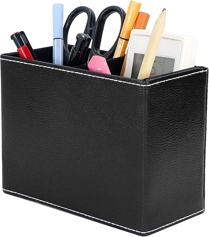 reamsEden PU Leather Pen Holder Cup, 2-Slot Vintage Square Desk Organizer for Office Supplies, Makeup Brushes, Remote Control, Black