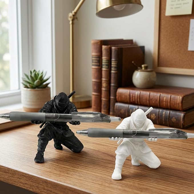 2 PCS Ninja Pen Holder for Desk, Black and White Samurai Pen Holder Desktop Decor, Unique Ninja Warrior Accessories & Desk Organizer for Office Supplies