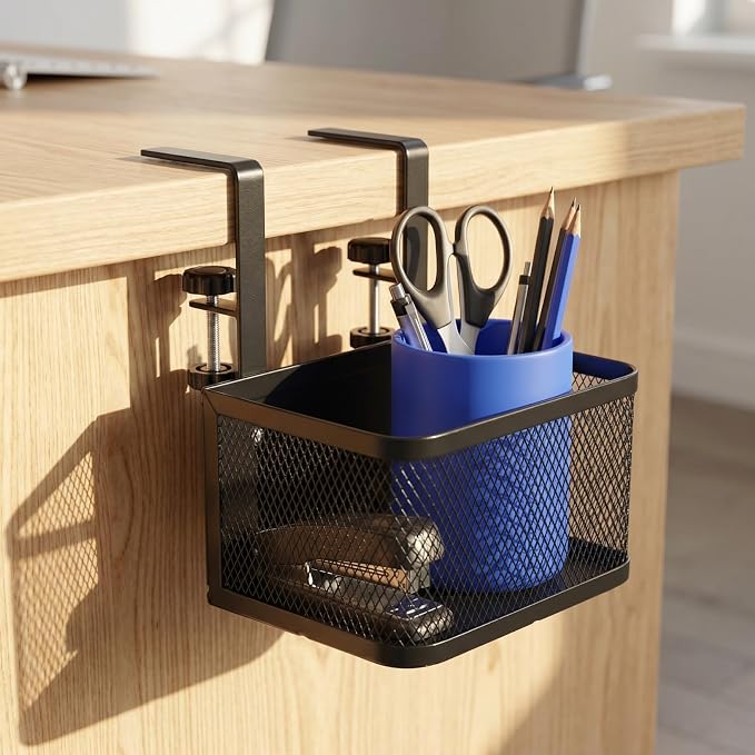 SHINEOFI Clamp Under Desk Storage Organizer Mesh Basket with Clamp for Tidy Desk Cord Management and File Organization for Office Use and Space Saving
