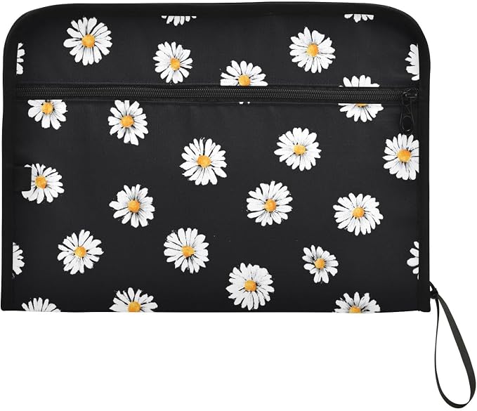 Expanding File Folder White Daisy Flower Black Accordion File Organizer 13 Pockets Document Organizer with Zipper Labels A4 Letter Office Storage