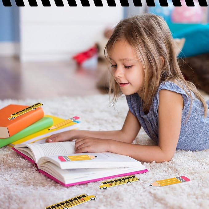 Eersida 48 Pieces Bookmarks Bulk for Kids 2 Styles Classroom Book Marks Cute Book Marks School Bus and Pencil Pattern for Students Back to School Gift Teacher Rewards Prizes First Day Party Favors