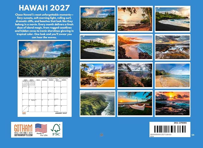 Hawaii Calendar 2027 Hawaiian Tropical Beach Maui Kauai Monthly Wall Calender 12 Month