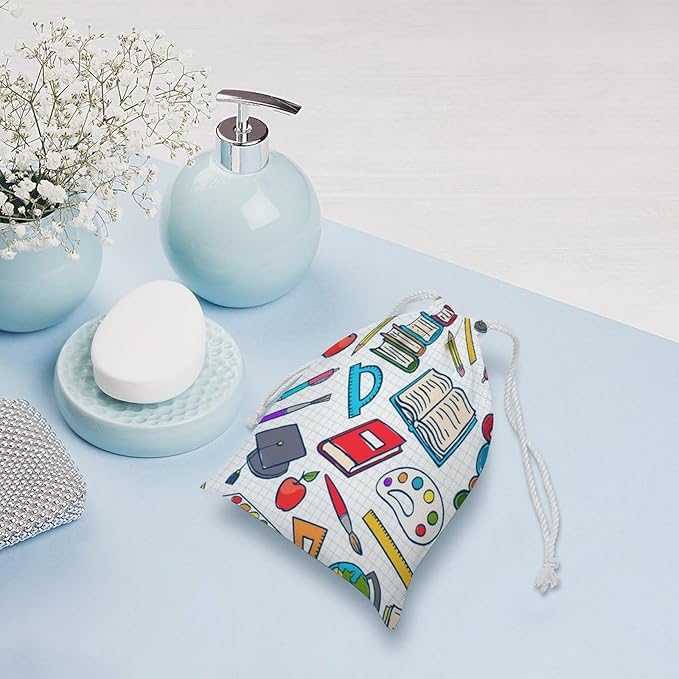 Elementary School Theme Student Supplies Globe Paints And Brushes Books EducationDrawstring Storage Bag Portable Tied Pocket Canvas Storage Bag12*18cm